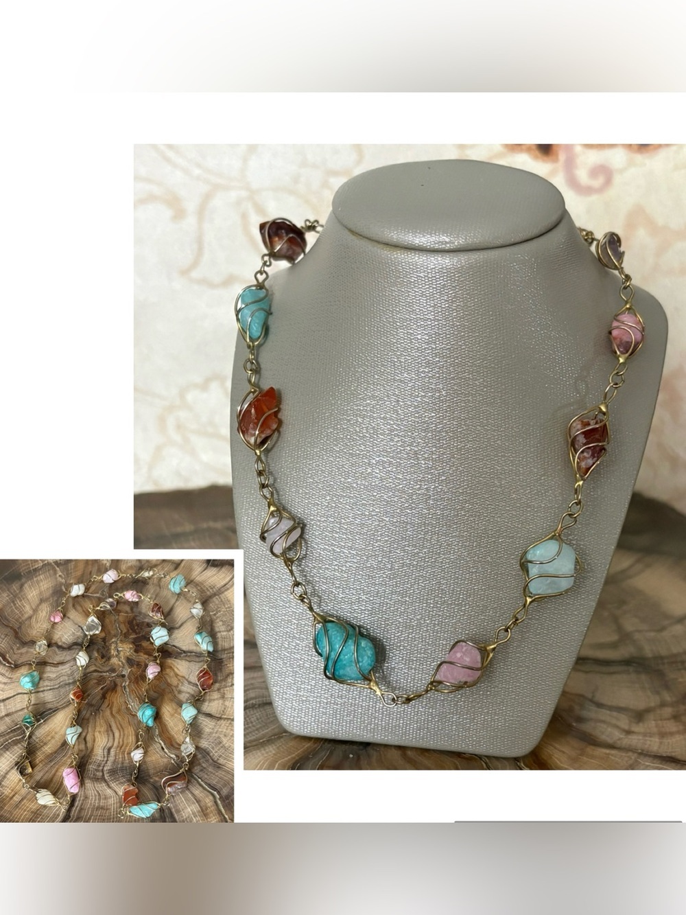 Multicolor Natural Stone Gold Wire Wrapped Handcrafted Necklace